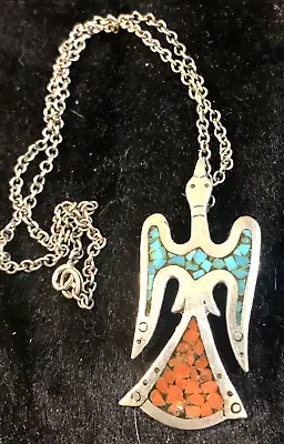 Vintage American Indian Navajo Turquoise Coral Bird Shaped Necklace • $74