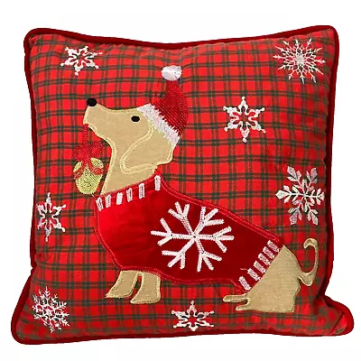 Secret Celebrity Christmas Throw Pillow Dachshund Weiner Dog Snowflake Red Plaid • $22