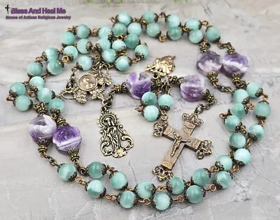Virgin Crowned Mother Mary Pillar Lilies Green Moonstone Vintage Bronze Rosary • $159