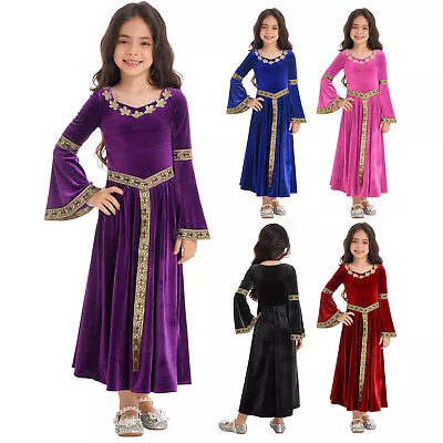 Girls Medieval Renaissance Princess Costume Long Velvet Vintage Dress Ball Gown • $35.70