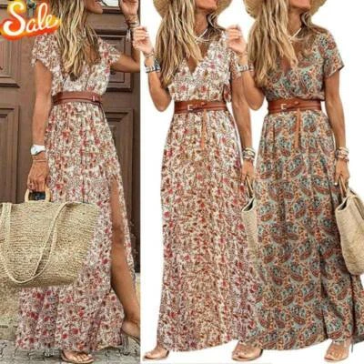 $31.19 • Buy Women's Boho V Neck Belted Long Maxi Dress Summer Holiday Casual Beach Sundress