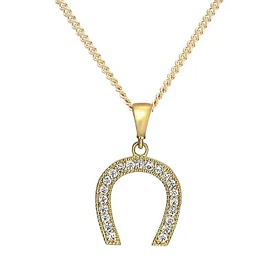 9ct Yellow Gold Diamond Horseshoe Pendant Necklace + 18 Inch Chain • £89.95