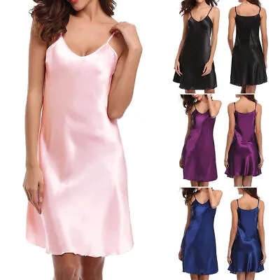 Women Sexy Satin Chemise Lingerie Sleepwear Nightdress Cami Slip Dress Nightwear • £7.95