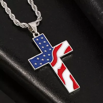 Silver American Flag Cross Pendant Necklace For Men Christian Jewelry Chain 24  • $11.99