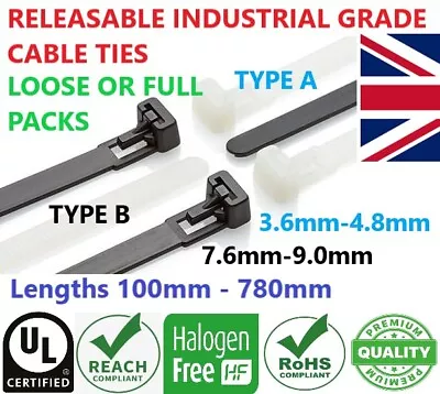 Releasable Reusable Cable Zip Ties Black Natural Tie Wraps 100mm-780mm FREE P&P • £3.97