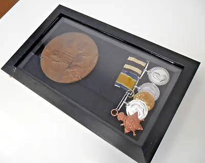WW1 Medal Trio + Plaque Modern Empty Frame Ideal To Display Family History • £75