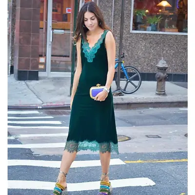 ZARA Velvet Slip Dress Lace Trim Sleeveless Midi Dress V-Neck Size Small Green • $40