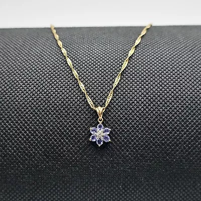 Tanzanite & Diamond Gold Necklace Flower Pendant 18  Lond -  9ct Yellow Gold • £175