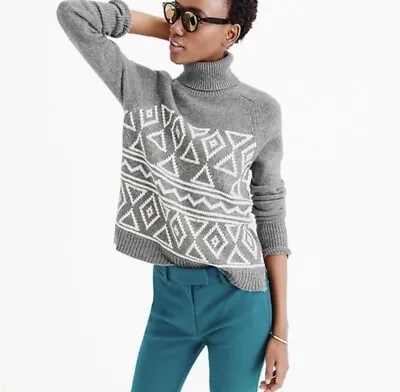 J. CREW Wool Cashmere Blend Turtleneck Sweater Gray White Geometric Fair Isle M • $30