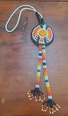 Vintage Bolo Tie Native American Small Bead Thunderbird Orange Red White • $39.99