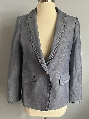 J Crew Regent Blazer Blue Chambray Ruffle Cotton Womens 4P NWT • $20