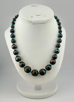 TAXCO Mexico Sterling Silver Tone Brushed Beads NECKLACE Turquoise • $121.50