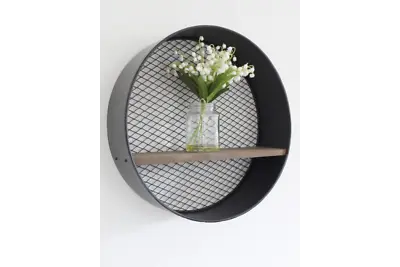 Industrial Style Round Shelf | Wood & Metal Mesh • £32.95