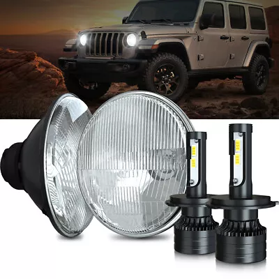 For 2010 Hummer H3T 7  Round Sealed Beam Glass HEADLIGHTs H4 Bulbs H6024 H6014 • $125.62