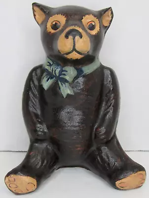 RARE Vtg 1987 VAILLANCOURT Folk Art TEDDY BEAR # 11 Seated Dark Brown Blue Bow • $84.97