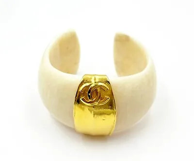 Chanel Super Rare Vintage Gold Plated CC White Stone Cuff Bracelet • $1999