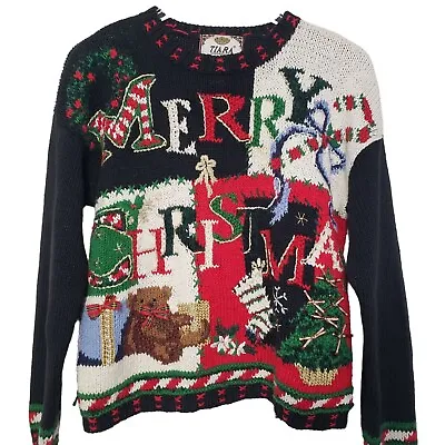 Vintage 90s Merry Christmas Knit Sweater Colorful Ugly Sweater Womens Sz Large • $24.56
