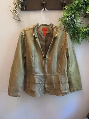 V. Cristina Gold Faux Leather Moto Crop Jacket Metallic Ruffle Hem Zip Large • $40