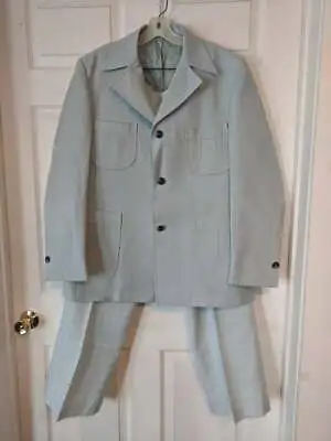60s Mens Blue Leisure Suit Vintage Polyester Jacket Plaid Pants 42 44 R • $149