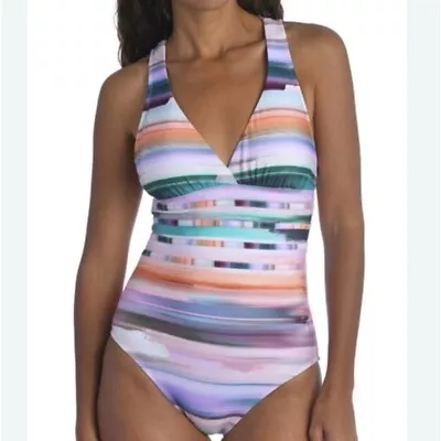 La Blanca Womens Ocean Tides Cross Back One-Piece Swimsuit Multi Size 10 • $28