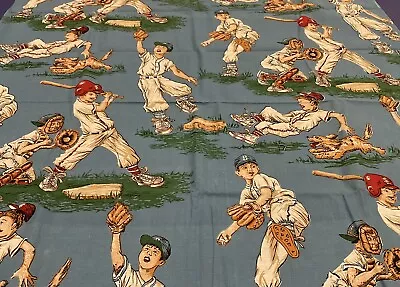 Vintage 1960's Boys & Dog Playing Baseball On Blue Cotton Fabric 5 YRDS 24  X 44 • $41.97