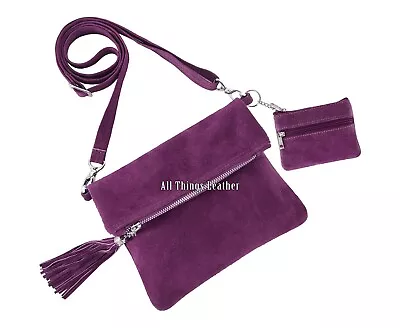 Women's Suede Real Leather Messenger Bag Fold-Over Crossbody Bag With Coin Pouch • £25.49