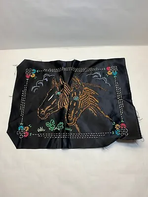 Vintage Hand Embroidered Satin Look Horses Fabric Picture 14 X 18 Unframed • $15.55