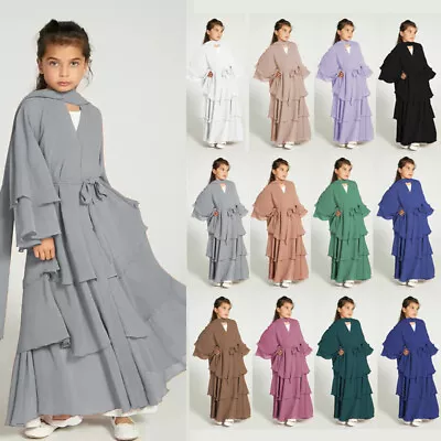 Kids Girls Ruffles Muslim Prayers Dress Islamic Hijab Abaya Khimar Jilbab Kaftan • £11.99