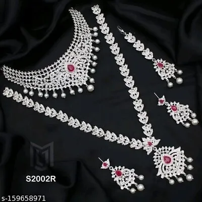 South Indian Silver Plated Combo AD CZ Jewelry  Necklace Set Party Wear • $20.92
