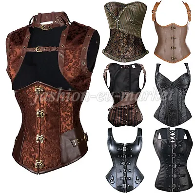 Women Steampunk Gothic Corset Boned Overbust Bustier Basque Waist Costume Dress • £23.79