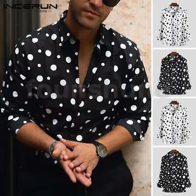 Mens Long Sleeve Collar Neck Shirt Polka Dot Tops Streetwear Blouse Holiday Tee  • £10.28