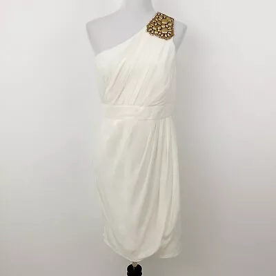 NWT Shoshanna Melanee One Shoulder Beaded Silk Mini Dress Size 12 Grecian Pleats • $79.99