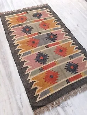 Rug Wool Jute Kilim Area Vintage Aacent Oriental Carpet Living Room Hallway Rugs • $155.82