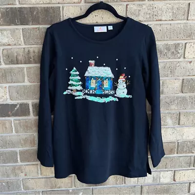 Quacker Factory Christmas Winter Cabin Snowman Beaded Sequins Tunic Sweater • $20