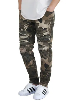 Men's Camo Distressed Stretch Biker Skinny Jeans Victorious • $30.99