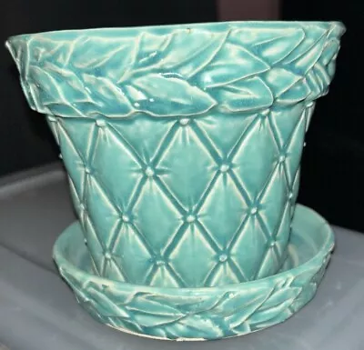 Vintage McCoy USA Teal Sea Green Diamond Bead Leaf Planter Saucer USED • $50