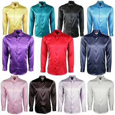 Mens Satin Shiny Silk Feel Smart Casual Dress Wedding Casual Shirt 422 • £22.95