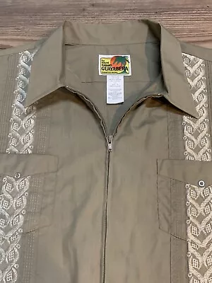 Guayabera Full Zip LS Shirt Men XL Beige Embroidered 4 Pockets Cuban Quinceañera • $19.95