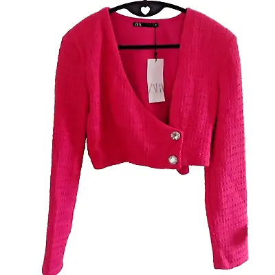 New Zara Fuchsia Pink Textured Jewel Button Boucle Tweed Crop Top Jacket  • £48.25