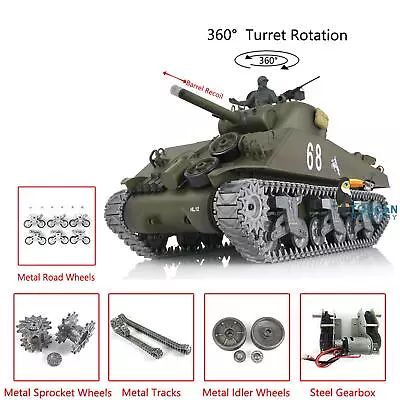 Heng Long 1/16 7.0 Customize M4A3 Sherman RC Tank Barrel Recoil 360°Turret 3898 • $243.91