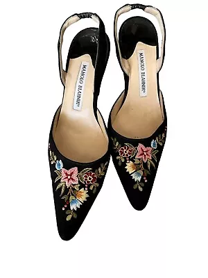 Manolo Blahnik - Black Multi-Color Floral Embroidery Slingback Heel 36.5 Sz 6.5 • $225