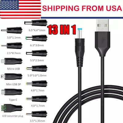 5V Universal USB To DC Charging Cord Power Cable 5.5x2.1mm W/ 13pcs Adapter • $10.06