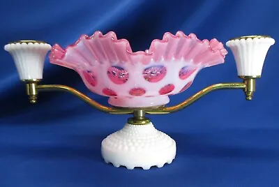 Unusual Fenton Centerpiece Bowl & Candle Holder Milk Glass & Cranberry Coin Dot • $149.99