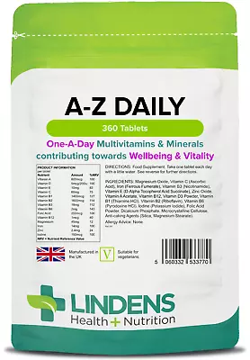 Lindens Multivitamin A-Z Daily Tablets - 360 Pack - One-A-Day - UK Made • £13.99