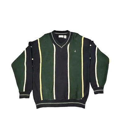 VTG IZOD Sweater Mens Large Green Blue V- Neck Chunky Knit Tennis Golf Cotton • $52.59