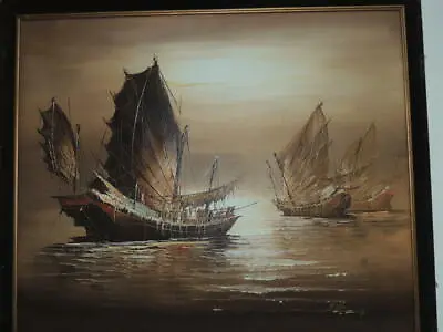 Peter Wong Painting 20 X24  Chinese Junk Boats P Wong Acrylic/Oil Brown Unframed • $139.99