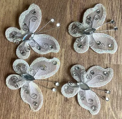 White Glitter And Gems Wire Mesh Butterflies X 4 • £2.50