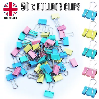 £3.95 • Buy 50 X Bulldog Clips Foldback 15mm Metal Binder Paper Grip Assorted Multi Colour 