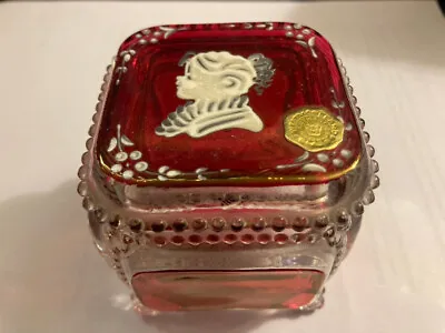 1978 Vintage Westmoreland Ruby Red Mary Gregory Cameo Glass Trinket Box Signed • $18.85