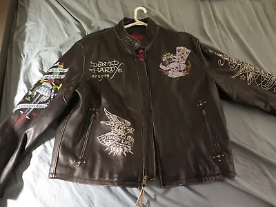 Ed Hardy By Christian Audigier XXL Black Mens Motorcycle Leather Jacket • $1463.22
